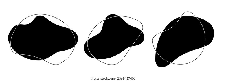 Leche negra de forma irregular ameba blob formas colección vectorial aislada en fondo blanco. Las formas de la mancha de la bobina fluida se establecen, gotas de deforma.