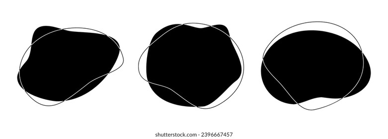 Black liquid irregular amoeba blob shapes vector collection isolated on white background. Fluid bobble blotch forms set, deform drops.