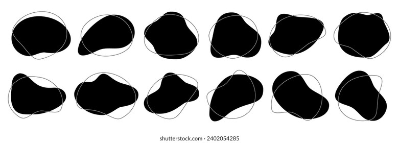 Black liquid irregular amoeba blob shapes vector collection isolated on white background. Fluid bobble blotch forms set, deform drops.