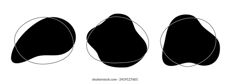 Black liquid irregular amoeba blob shapes vector collection isolated on white background. Fluid bobble blotch forms set, deform drops.