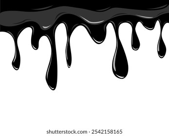 Pintura líquida negra goteando sobre fondo blanco. Ilustración vectorial 3D de goteo de tinta negra con trazado de recorte.