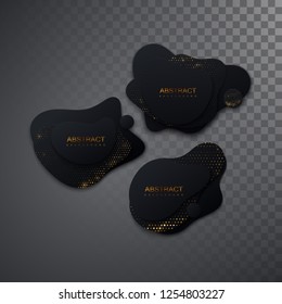 Black liquid shapes banners with golden glitters. Vector illustration. Graphic design elements. Modern minimal label templates. Abstract banners or signs. Dynamic futuristic shapes for branding