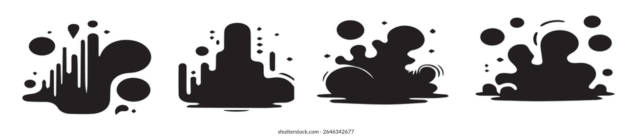 Black Liquid shapes, frames with uneven wavy edge set, collection. Water, fluid, paint, milk puddle, stain, rounded blot with splashes, drops, blobs, droplets. Design elements, backgrounds