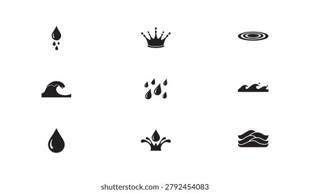 Black liquid shapes representing ocean waves and water droplets. Simple crown splash and ripple symbols.