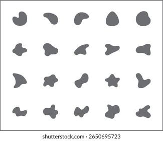 Black liquid shapes set. Abstract blotches, ink smudges and pebble silhouettes, simple liquid elements. Organic shapes, black forms, grid pattern. Artistic black shapes, unique forms, grid design.