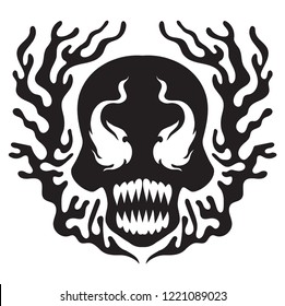 Black liquid skull. Black and white art. Wall sticker, car hood design. Tee graphics without slogan, t shirt print. Swag skull invaders. Comics style.  Isolated vector illustration on white background