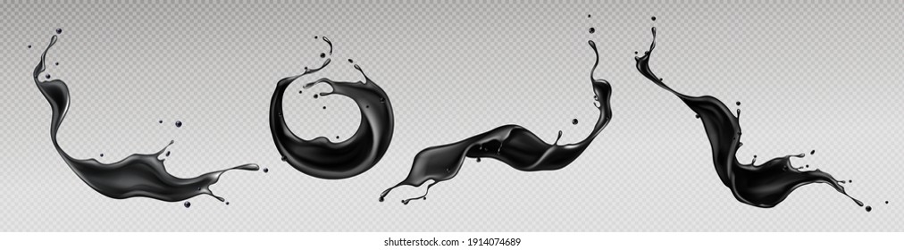 Black liquid splashes, swirl and waves with scatter drops. Paint, oil or ink splashing dynamic motion, design elements for advertising isolated on transparent background Realistic 3d vector icons set