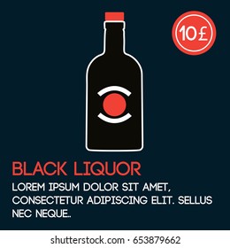 Black liquor card template with price and flat background. Vector illustration