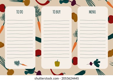 Black lists of the agenda in the style of flat doodles in vector for daily menu planning, household chores, shopping. To-do list, beige background for printing. Image of vegetables