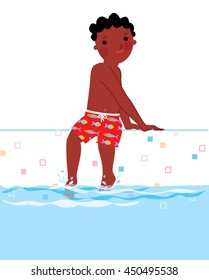 Black little boy sitting on the swimming pool edge and ready to get in the water. Vector illustration