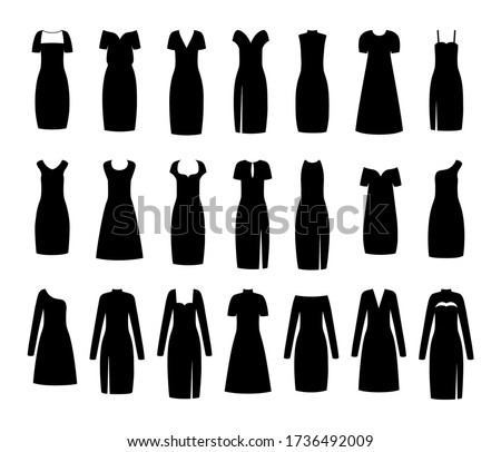 Black little dress. Vector. Set women evening and cocktail dresses. Silhouette apparel. Collection girl clothing. Clothes icon isolated on a white background. Flat illustration.