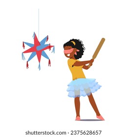 Black Little Girl Smashes A Pinata At Her Birthday Party, Filled With Excitement And Anticipation, Adding A Burst Of Joy And Candy-filled Delight To The Celebration. Cartoon Vector Illustration