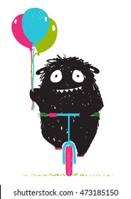 Black Little Monster Afraid of Riding Bicycle Cartoon for Kids. Happy funny little monster in action with balloons and bicycle for children cartoon illustration. Vector drawing.