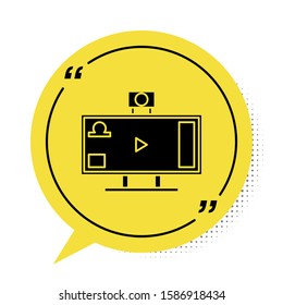 Black Live streaming online videogame play icon isolated on white background. Yellow speech bubble symbol. Vector Illustration