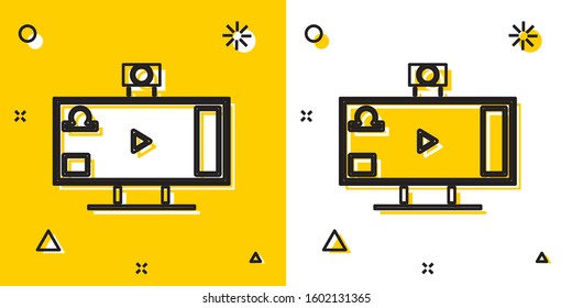 Black Live streaming online videogame play icon isolated on yellow and white background. Random dynamic shapes. Vector Illustration