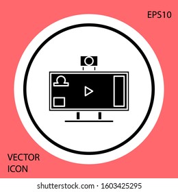 Black Live streaming online videogame play icon isolated on red background. White circle button. Vector Illustration