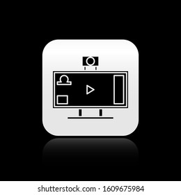 Black Live streaming online videogame play icon isolated on black background. Silver square button. Vector Illustration
