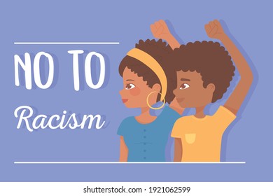 black lives, afro girl and boy raised hands protest, no to racism vector illustration