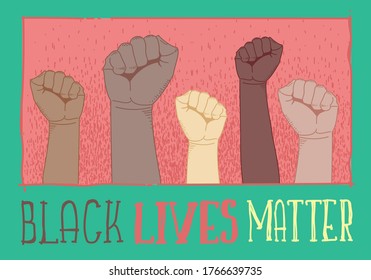 Black lives are important. Protests in America. Handwritten text. Poster with the slogan. Different races. Against racism. Hold hands
