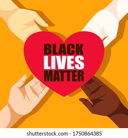 Black lives matter 4 color hand drawn with big red heart. Vector illustration flat design graphic for banner, poster, wallpaper, background and website.