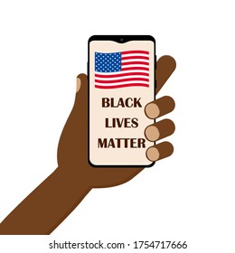 Black lives matter. African American man holds a phone with black lives matter and flag of the United States of America. No racism. Vector flat illustration.