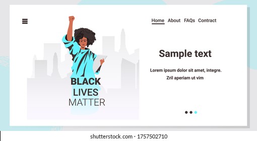 black lives matter african american woman holding raised up fist campaign against racial discrimination of dark skin color support for equal rights of black people horizontal copy space vector
