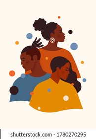 Black Lives Matter. African American Men And Woman In Colorful Clothes Stand One By One. Tolerance And No Racism Concept. Protest Banner About Human Right Of Black People. Cartoon Vector Illustration.