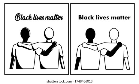 Black lives matter. Anti-racism concept: Silhouette of a black and a white man hug each other from the back in 2 style. Vector illustration icon