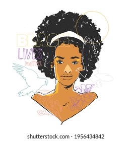 Black Lives Matter Art Illustration. African young woman with white doves. The conception of peaceful, beauty, African love