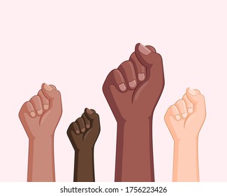 Black lives matter banner design with fists. Black and white hands together concept. Campaign against racial discrimination of dark skin color. Vector Illustration.