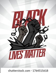 Black lives matter banner illustration, vector design with fists tearing chains on a rays background