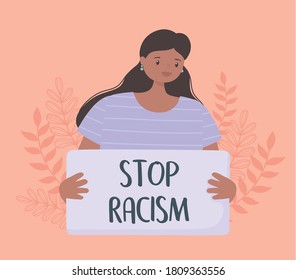 black lives matter banner for protest, woman holding placard and protesting about human rights of black people vector illustration