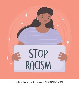 black lives matter banner for protest, young woman with banner message, awareness campaign against racial discrimination vector illustration