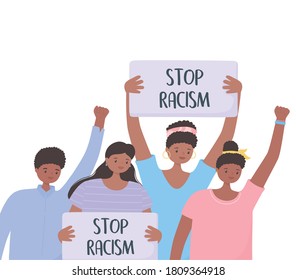 black lives matter banner for protest, crowd of people protesting, awareness campaign against racial discrimination vector illustration