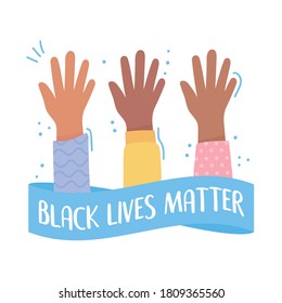 black lives matter banner for protest, raised hands activists, awareness campaign against racial discrimination vector illustration