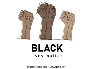 Black lives matter banner for protest, rally or awareness campaign against racial discrimination of dark skin color. Continuous line drawing of fist.  Freedom and protest concept. Vector illustration