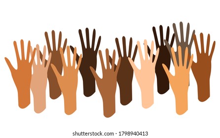 Black lives matter banner for protest.Support for equal rights of black people. Raised fists against Police Brutality.Flat vector illustration of people with different skin colors raising their hands.