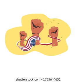 black lives matter banner raised up fists awareness campaign against racial discrimination of dark skin color social problems of racism vector illustration
