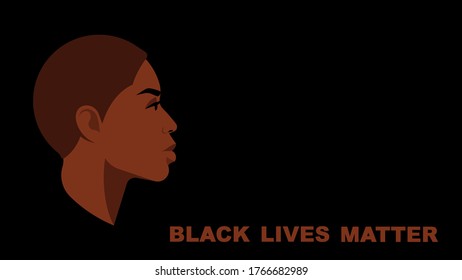 Black Lives Matter. Banner. Woman  face close up. Black citizen is fighting for social equality, justice and rights. Black background with copy space.