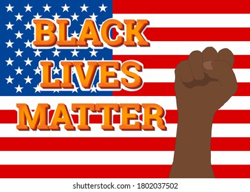 Black lives matter. BLM. Hashtag in social networks. Police violence. Fist. The inscription on the flag of the United States. Stock vector illustration poster against racism on a black isolated bg.