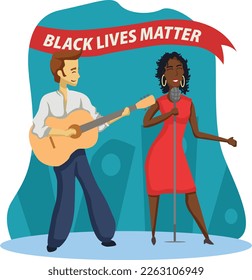 Black Lives Matter, BLM, No Racism, Statement. Young African Americans: man and woman against racism. Black citizens are fighting for equality. 