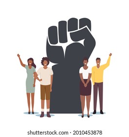 Black Lives Matter, Blm Social Concept. Tiny Black Characters around of Huge Raised Hand. Equality Campaign Against Racial Discrimination of People with Dark Skin Color. Cartoon Vector Illustration