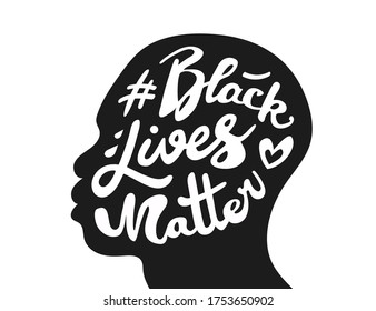 Black Lives Matter.  Brush lettering in shape of african american black man's head. Vintage style. Creative typography. Design for print, media. Isolated on white background. Memory of Rayshard Brooks