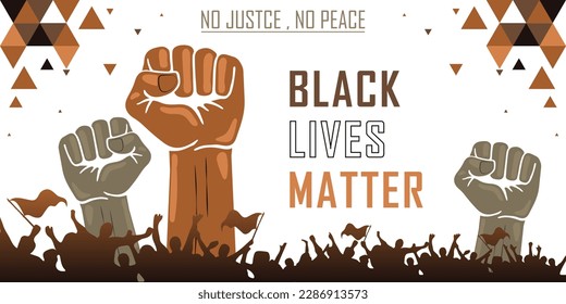 Black lives matter campaign banner with raised fists, support black people to gain equal rights, human unity of different races, Stop racism, interracial community awareness