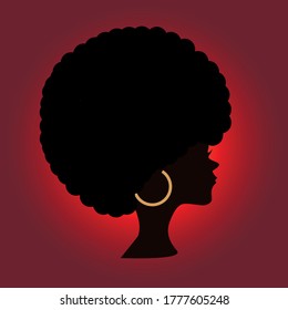  Black lives matter. Cartoon head of an African American woman in profile with a gold earring. Silhouette. Red gradient background.