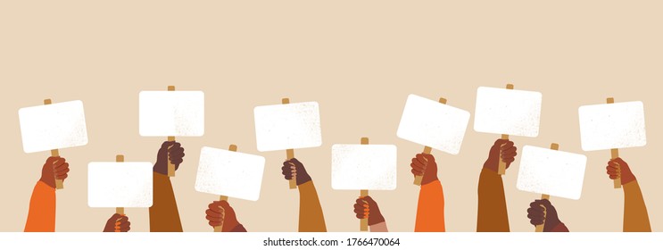 Black lives matter concept. crowd of people protesting for their rights. Holding posters in black hands, no racism banner vector illustration. Demonstration, revolution, protest raised arm fist