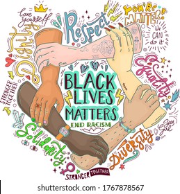 Black lives matter concept. End racism hand drawn vector illustration. Colorful illustration for poster, t-shirt, label, badge, emblem.