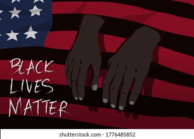 el concepto de las vidas negras importa. manos de negros sacadas del agujero de los espacios negros de la bandera estadounidense para transmitir la restricción de los derechos humanos de los negros. campaña, afiche, pancarta