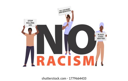 Black lives matter concept illustration. No racism lettering phrase design with group of people holding placards and protesting about human rights of black people. Fighting for equality. Vector.