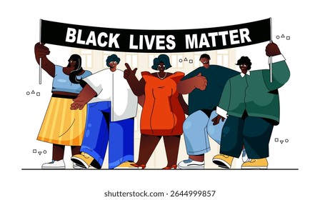 Black lives matter concept for modern web design. African american people holding rally placards and protesting together, human rights fight. Flat vector illustration isolated on white background.